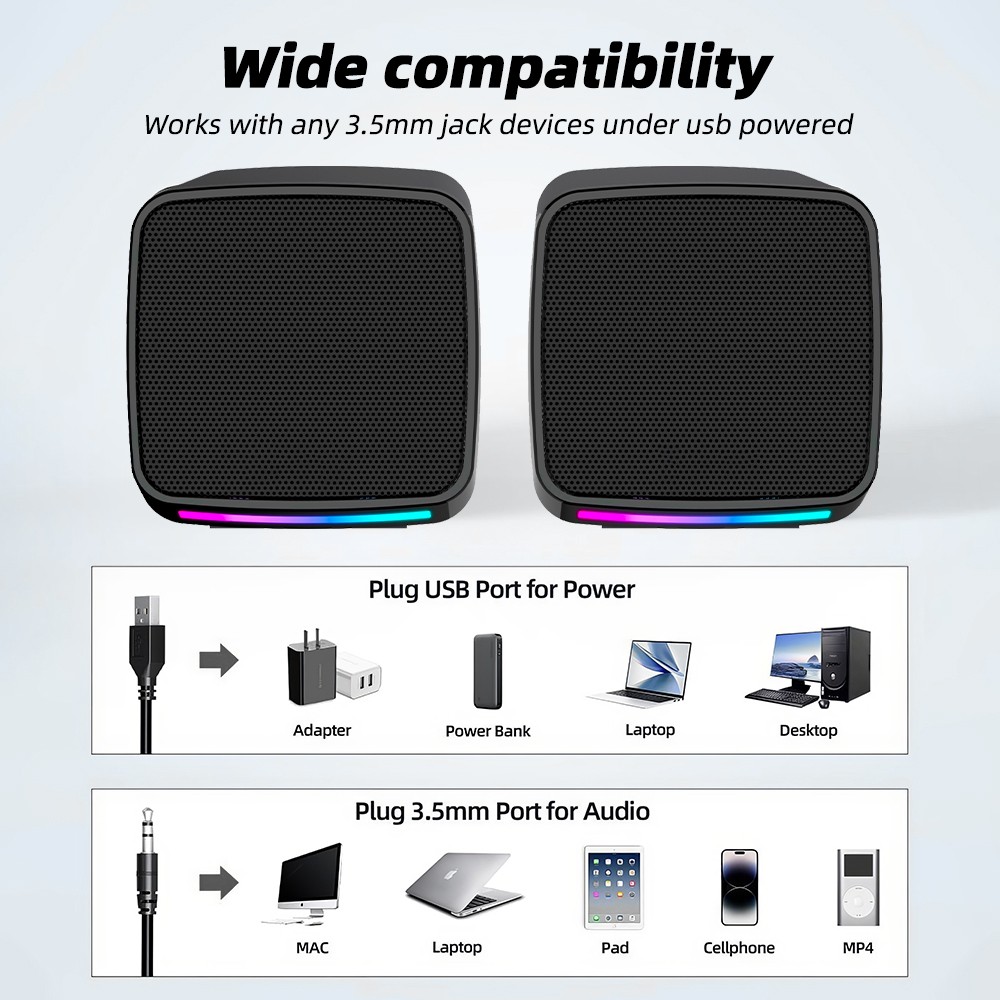 PC Lautsprecher Set USB AUX 3,5mm Klinke Boxen schwarz für Desktop Computer RGB