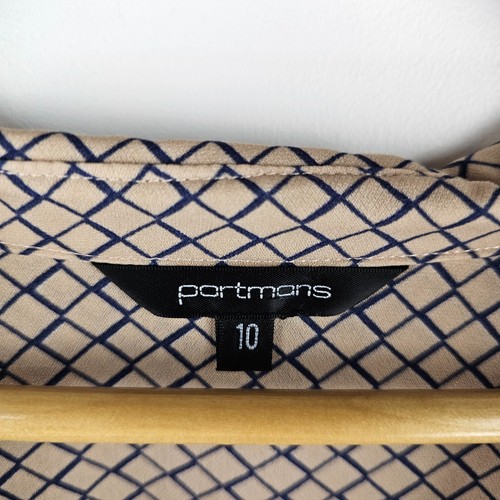 Portmans Shirt Womens 10 Beige Navy Diamond Print Button Up Pockets Long Sleeve - Picture 2 of 8