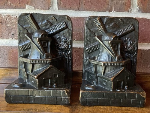 antique Dutch Windmill bookends, bronze clad, circa 1925, Art Craft Co, Chicago