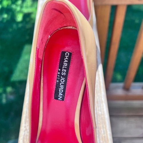 Charles Jourdan Paris Platform Pumps Heels Patent Leather Beige Size 8M - Picture 2 of 9