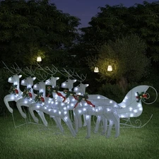 Outdoor & Indoor Christmas Reindeer and Sleigh Decoration Set - 6 White Mesh