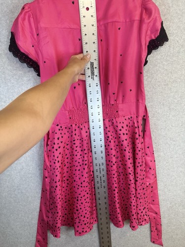 VTG Bebe Silk Mini Dress M Fuchsia Berry Heart Print Lace Waist Y2K Coquette - Picture 9 of 19