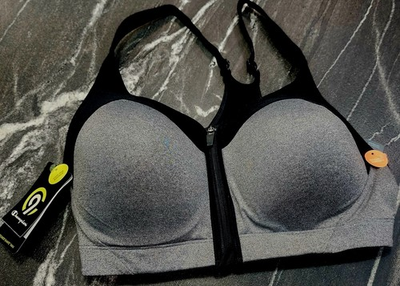 #ad Champion Power Shape Front Zip Sports Bra 38D XXL Gray Black High Support NWT $17.99