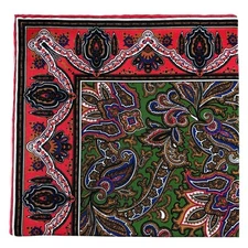 Green & Coral Red Floral Silk Pocket Square (Hand-Rolled in England)
