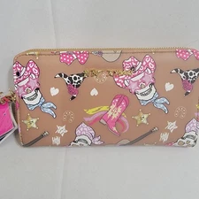 Betsey Johnson Skulls Cowgirl Boots Tan Pink Wallet Zip Around Wristlet Clutch