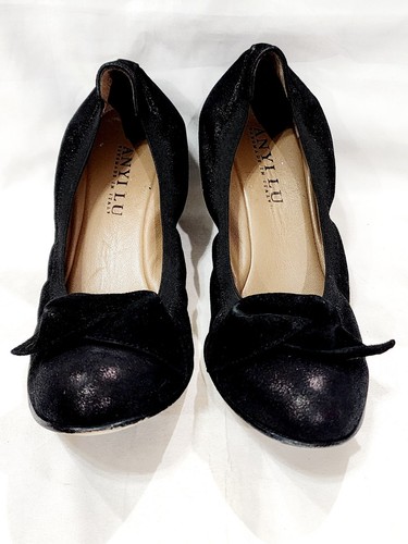 Anyi Lu Italy BLACK METALLIC LEATHER Wedge Ballet Loafer 39.5 Suede Bow 8.5 Used - Picture 2 of 24