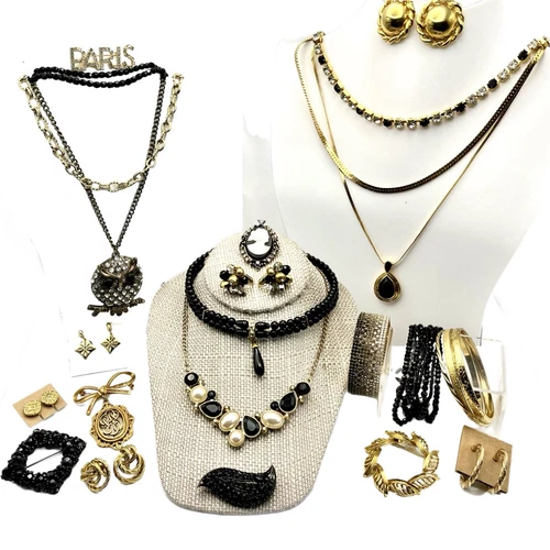VTG Mod Victorian Revival Jewelry Lot Black Gold Tone Trifari Monet 1928 & More