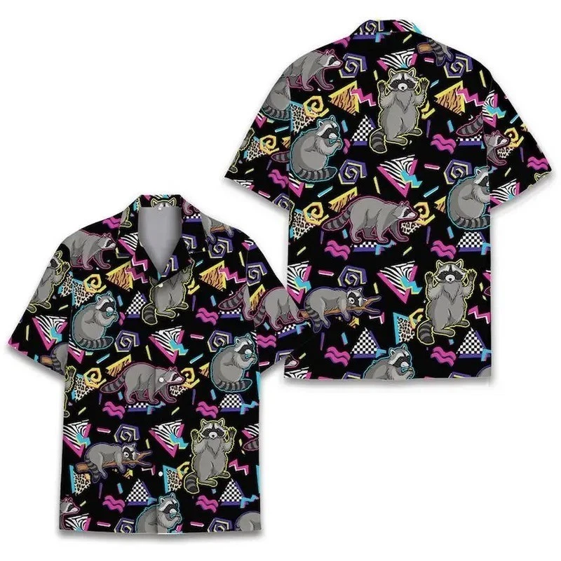 Retro Raccoon Hawaiian Shirt - Funny Aloha Men's Tropical Floral Button Down