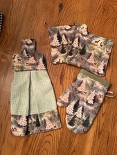 "Winter Deer"  dish towel with 2 pot holders & 1 oven mitt (4pc set )