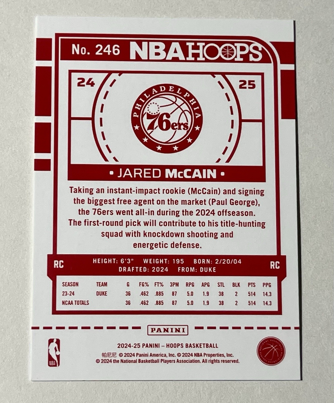 2024-25 Panini NBA Hoops Jared McCain #246 Red Back SP RC