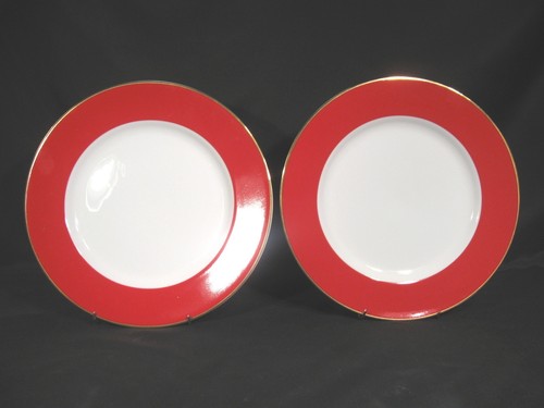 Ten Strawberry Street Halo Dinner Plates and Soup Bowls Red Gold Trim Set of 8 - Picture 7 of 12