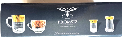 PROMSIZ Russian 6pcs Clear Glass Tea Mugs w/ Gold Greek Key Band Design Joseph S - Picture 10 of 11