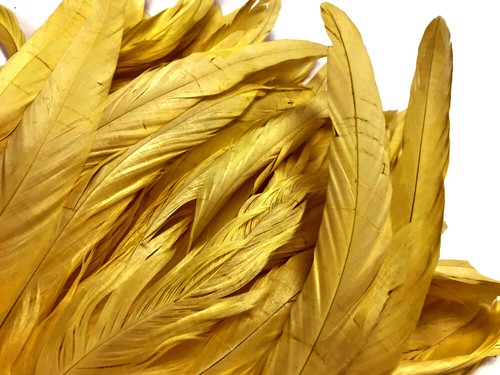 1 Yard - 10-12" Golden Yellow Bleach & Dyed Coque Tails Long Feather Trim (Bulk) - Picture 3 of 5