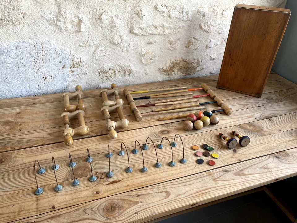 Jouet ancien en bois: Jeu de croquet miniature de table, salon - Photo 3/4