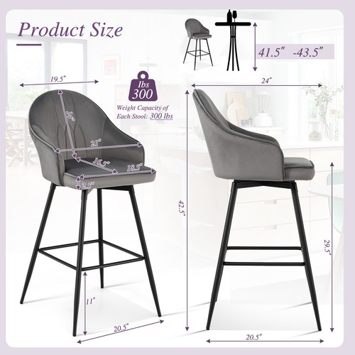 Set of 2 Velvet Bar Stools Swivel Pub Height Dining Chairs w/ Metal Legs Gray - Picture 2 of 10