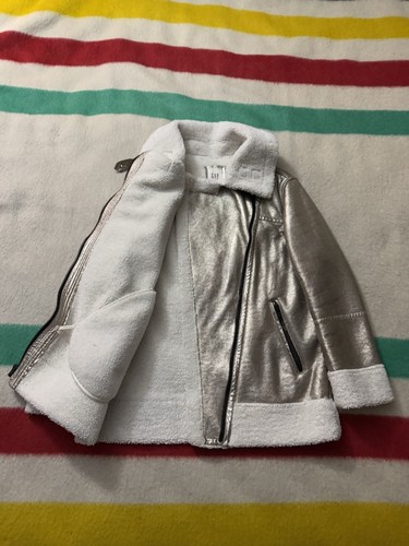 Women’s Gap Metallic Silver Gold Sherpa Biker Jacket Size Small Soft Astro Biker - Picture 14 of 21