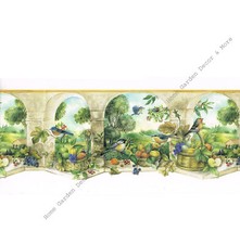Tuscan Birds Fruit Basket Arch Vineyard Rolling Hill Sculptured Wallpaper Border