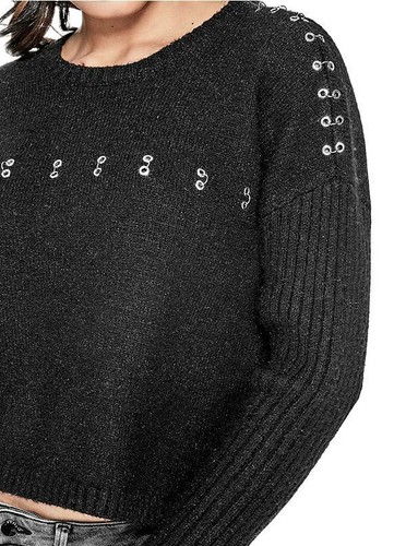 NWT GUESS Grommet Ring Crop knit Sweater Pullover Black S 4 5 - Picture 2 of 4