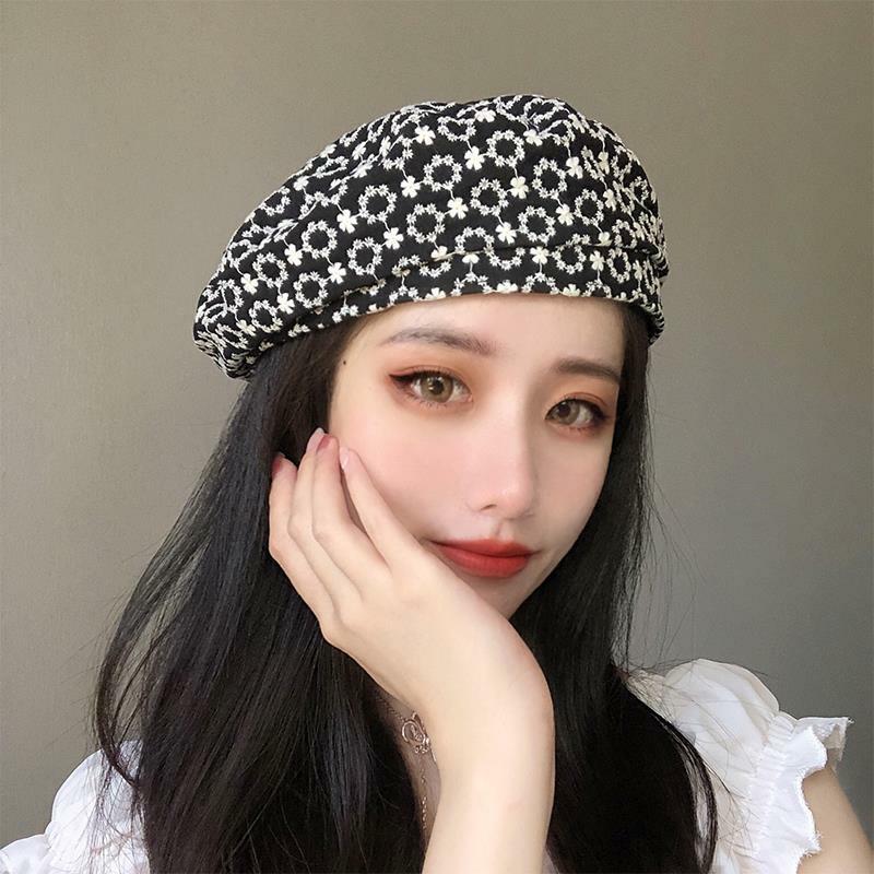 Summer Women Flat Top Beret Floral Embroidery Hat Girls