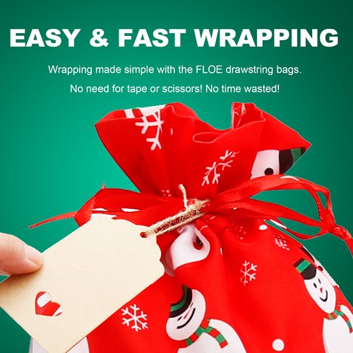 10PC Christmas Drawstring Gift Bags Set with Tags - 4 Sizes - Picture 7 of 7