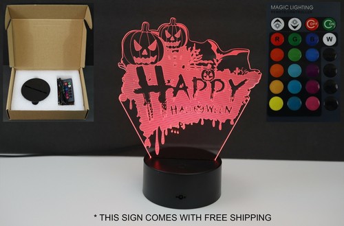 Happy Halloween Pumpkins - 3D Acrylic LED Sign Light Remote Control USB Custom - Afbeelding 1 van 10