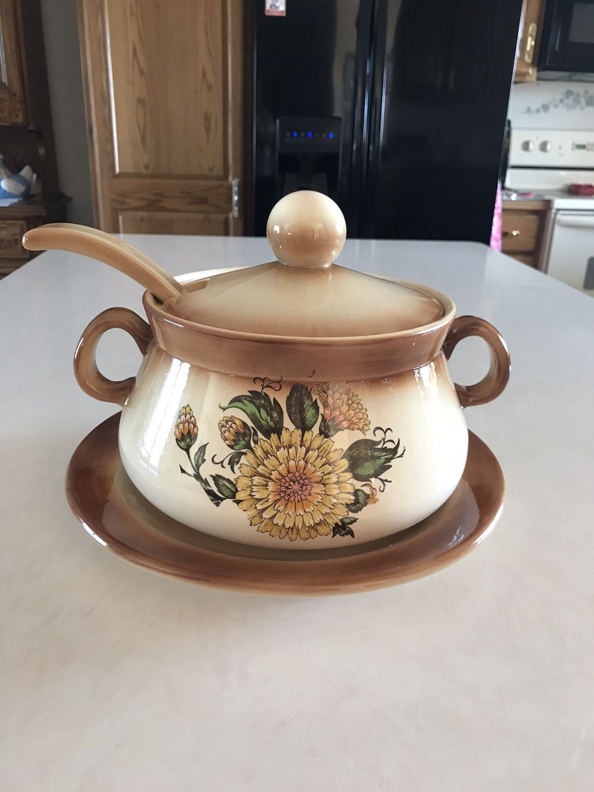 Vintage 1978 Byron Molds Ceramic Soup Tureen/Lid /Ladle & Plate 3qt 4 Piece Set