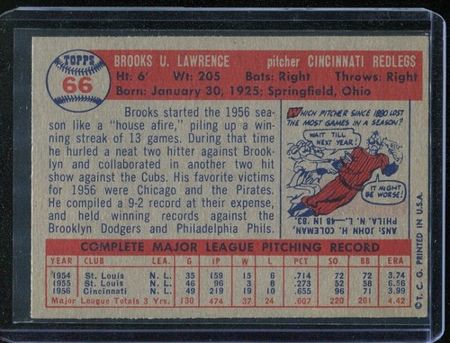 1957 Topps Baseball # 66 Brooks Lawrence (EX-MT) Excellent to Mint - Picture 2 of 2