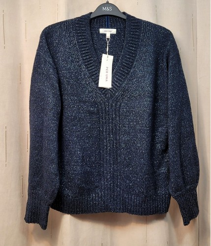 PER UNA Cotton & Wool mix Sparkly V-NECK JUMPER ~ Size L ~ NAVY - Picture 6 of 6