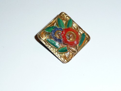 Pretty Flower Vintage Czech Square Glass Shank Button Gold & Multi Colred 1-1/4" - Picture 7 of 8