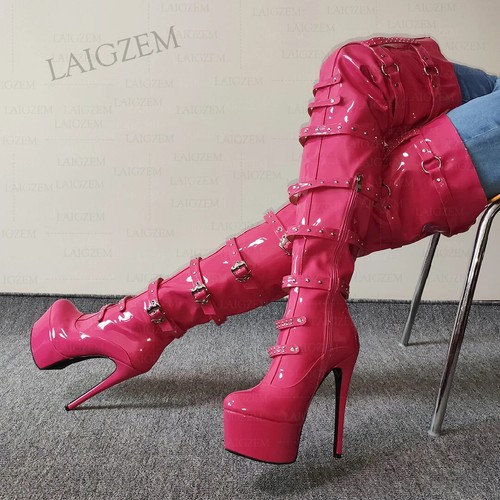 Women Over Knee Platform Boots Side Zipper Thin High Heels Boots Studded Over Kn - Picture 3 of 22