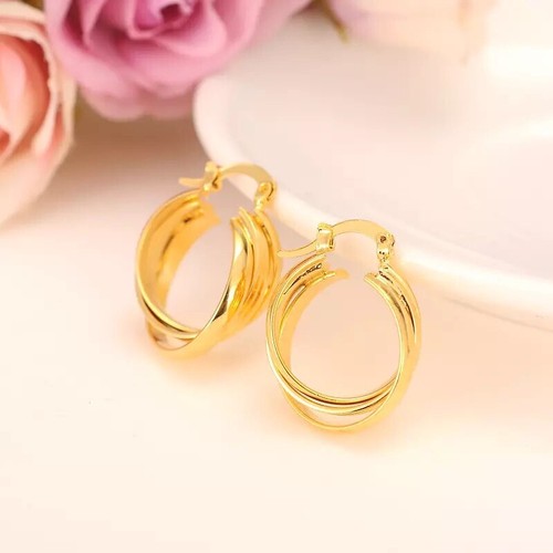 24k Gold Filled Plated Twisted Huggie Hoop Chunky Earrings 25mm E36 - Picture 3 of 3