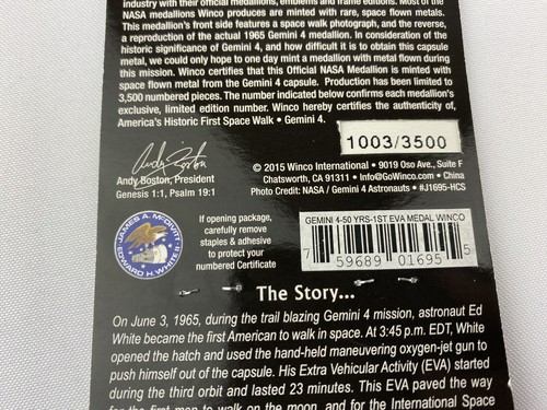 Offizielle NASA GEMINI 4 First Space Walk 50 Jahre Gedenkmedaille limitiert - Bild 11 von 23