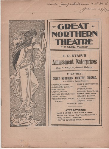COLLECTIBLE PROGRAM  (1900/ June 29) GREAT NORTHERN THEATRE Chicago ADS Q - Picture 1 of 3
