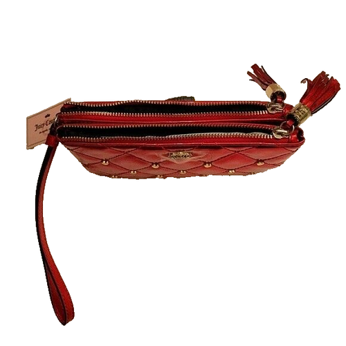 Juicy Couture Double Zip Wristlet Clutch Bag Patent Quilted Red Heart Tassel NWT - Picture 3 of 4
