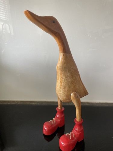Wooden Standing Tall Duck w/ Red Wellington Wellies Boots 34cms Tall - Picture 2 of 11