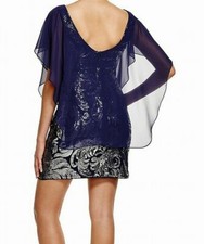 Laundry ~ Navy Chiffon Draped Popover Sequins Sheath Party Dress 0 NEW $295