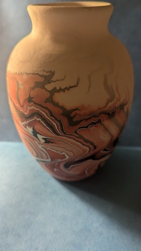 Nemadji Pottery Vase Orange, Red & Brown Swirl Unique Handmade USA 7" - Picture 2 of 5