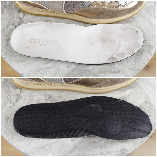 LOUIS VUITTON Talla 40 Plata Monograma Cuero Perforado Dorado Gamuza Zapatillas - Imagen 17 de 17