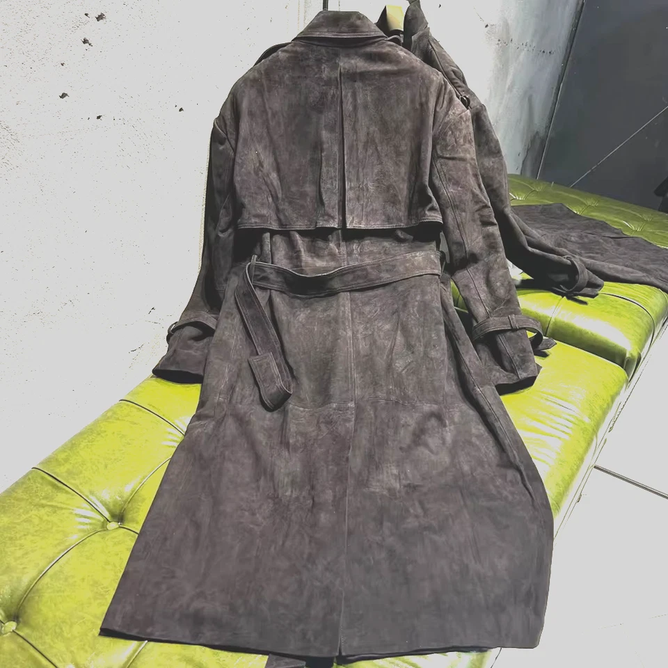 Abrigo largo de cuero gamuza borgoña gabardina chaqueta mujer hasta el suelo talla S XL 2XL Foto 3 de 4