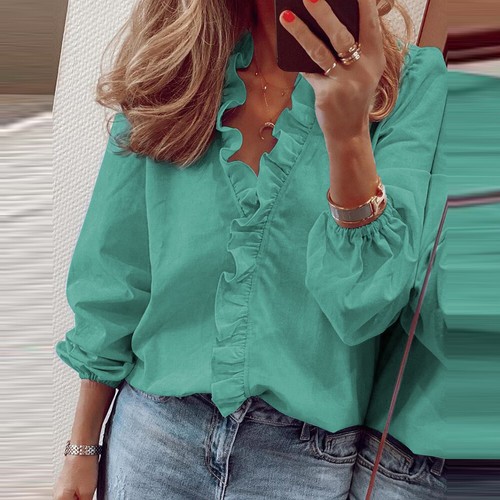 Plus Size Women V Neck Long Sleeve Shirt Ladies Casual Ruffle Frill Tops Blouses - Picture 9 of 33