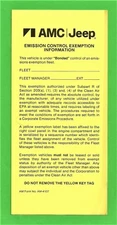 VTG 1970s AMC / Jeep Emission Control Exemption Information Card AM-4107