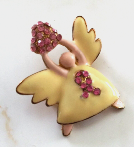 Breast Cancer ANGEL HOLDING HEART Enameled Gold PIN/Pendant w PINK crystals NEW - Picture 10 of 11