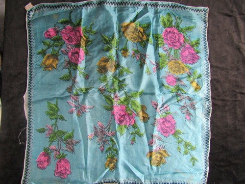 Vtg Silk Hankie Blue w Pink Yellow Roses Print Handkerchief Floral Hanky HK1225 - Picture 2 of 12