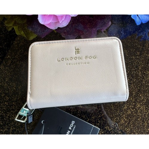 London Fog Derby Small Zip Wallet, Front Flap card holder, zip Pocket, Cream