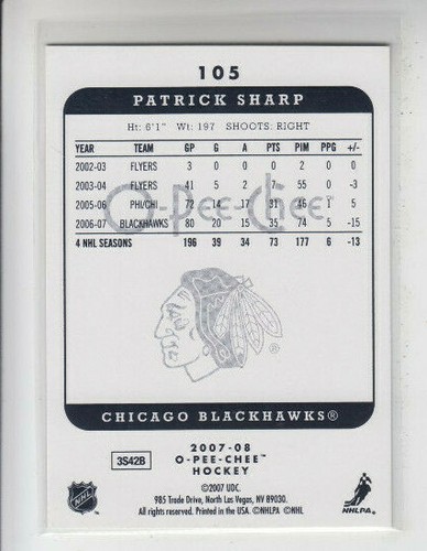 07/08 OPC Chicago Blackhawks Patrick Sharp Micromotion card #105 - Picture 2 of 2