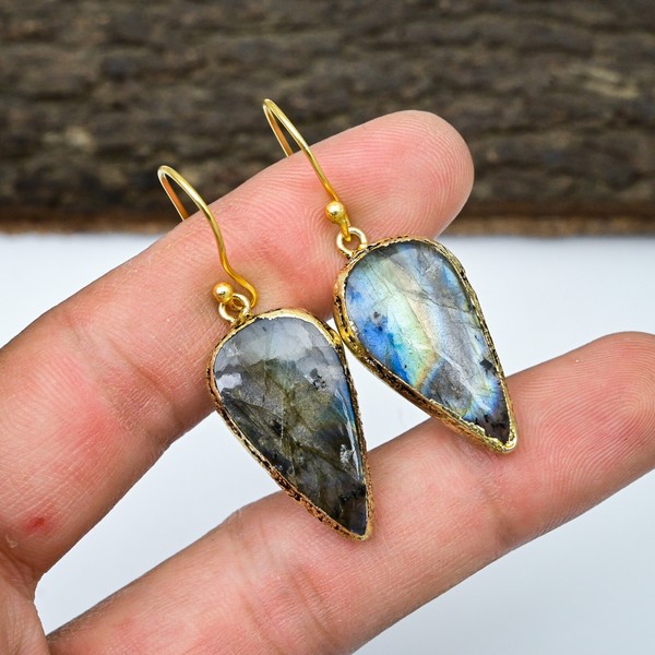 Alternate view of 18k Gold Plated Labradorite Gemstone 925 Silver Electroforming Earrings Jewelry