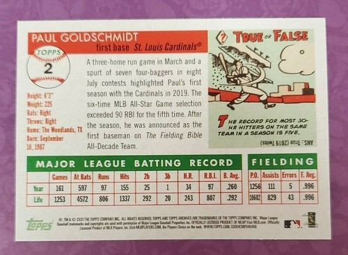 2020 Topps Archives #2 Paul Goldschmidt St. Louis Cardinals Baseball Card - Picture 2 of 2