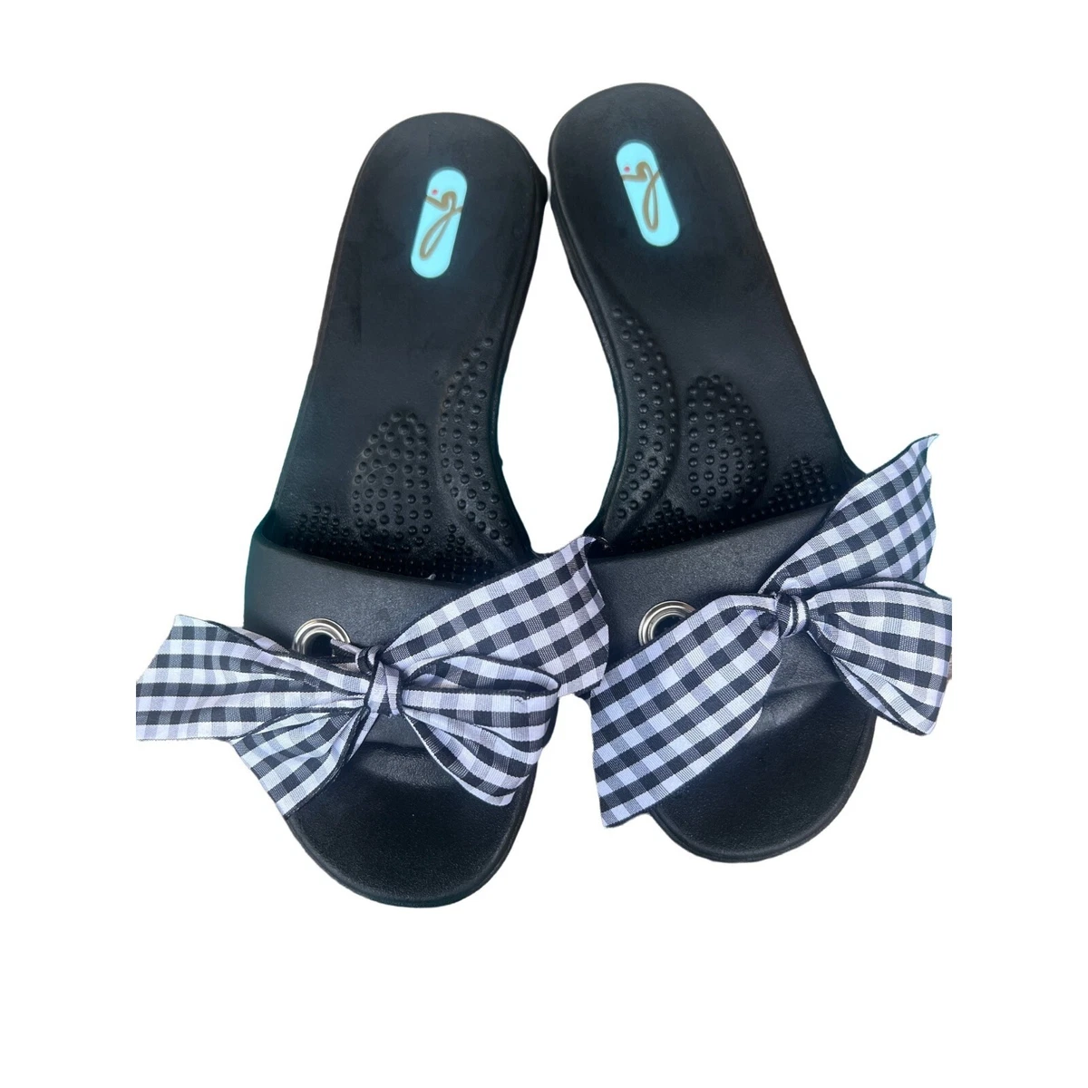 Oka B Bow Embellished Slides Madison Slide Sandals with Gingham