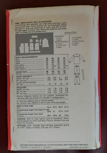 VINTAGE BUTTERICK 1776 COSTUME PATTERN 4209 MEN'S SHIRT KNICKERS SIZE 40,UNCUT - Picture 2 of 3