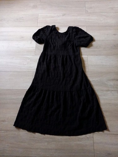 H&M Black Crinkly Textured Dress Midi Holiday Casual Boho Open Back & Tie UK10 - Picture 19 of 19